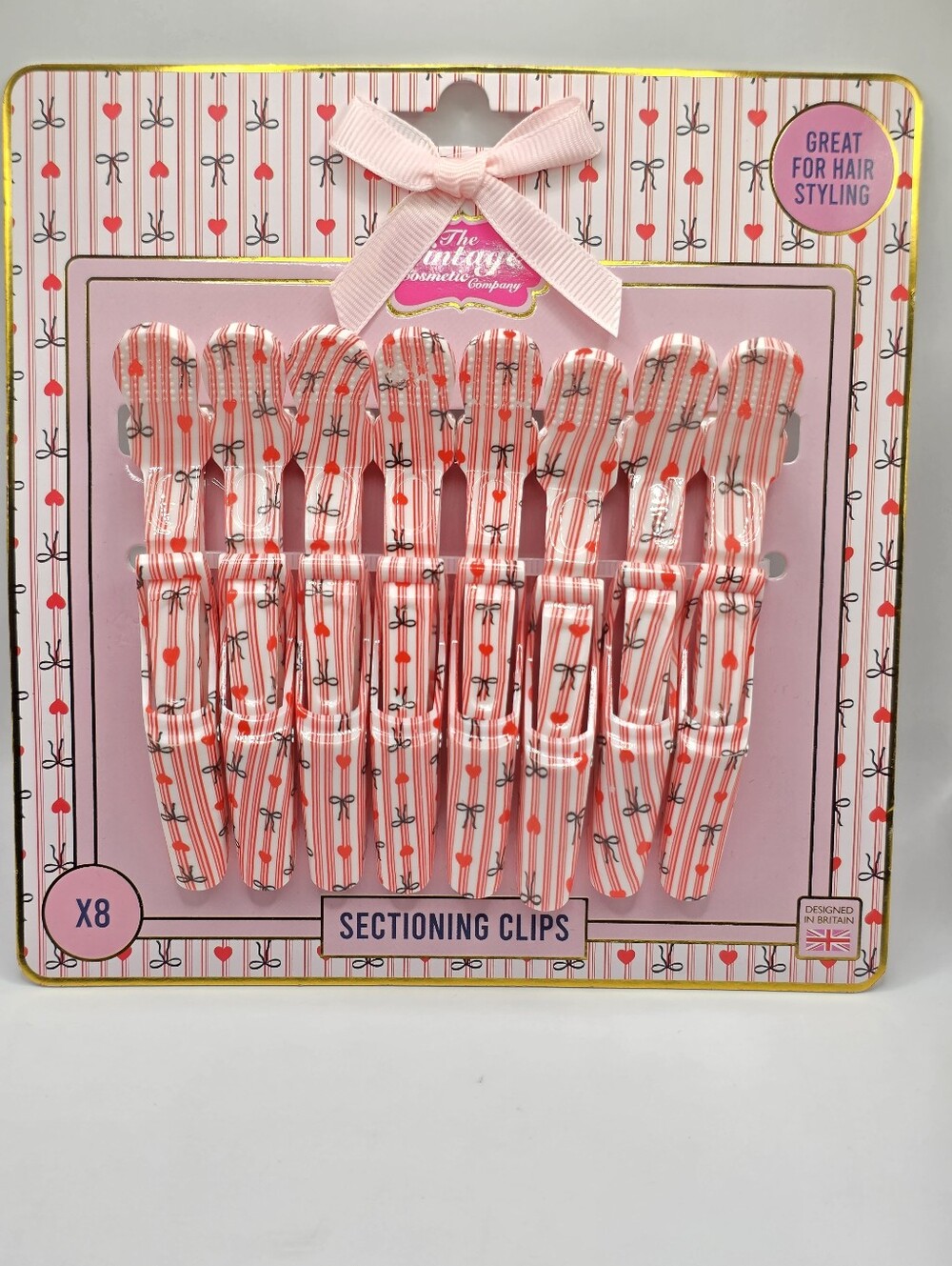 Vintage Cosmetic Company Pink Heart & Bow Sectioning Clips - Pack of 8